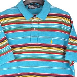 Polo Ralph Lauren Stripe Golf Polo Shirt Mens XL Blue Red Yellow Cotton Vintage